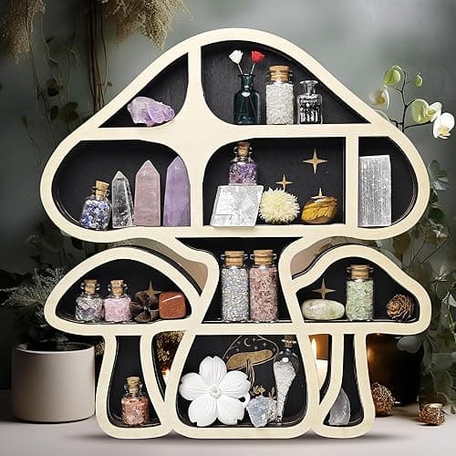 FNYDOX Wooden Mushroom Floating Shelves, Crystal Display Shelf for Wall, Cute Mushroom Wall Decor, Rock Gem Stone Storage Organizer, Essential Oil Holder Hanging Case, Meditation Art Spiritual Gift - 3 Mushrooms thumbnail 7