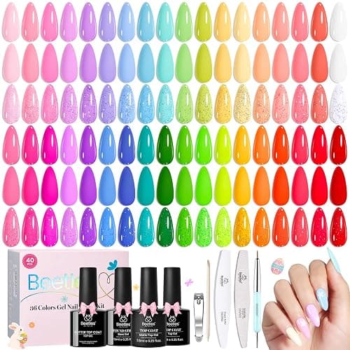 Beetles Spring Gel Polish Set - 36 Colors Pastel Neon Rainbow Bright Color Gel Polish Set with Base Coat Glossy Matte & Glitter Top Coat Pink Red Yellow Manicure Vivid Whimsy Easter Gifts for Women - Image 1