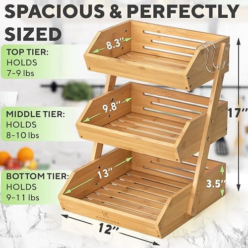 KOMFORA Bamboo Fruit Basket 3-Tier - Premium Produce Basket for Kitchen w/ 2 Hangers - Durable & Easy to Assemble Stand for Countertop - Perfect Holder for Vegetables, Bread, Snacks & More thumbnail 3
