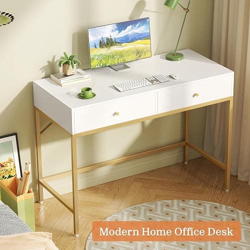 SUPERJARE 39.4" White and Gold Desk with 2 Drawers, Modern Makeup Vanity Desk, Small Computer Desk Home Office Desk for Writing Study Bedroom thumbnail 5