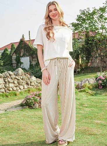 Acelitt Women Casual Drawstring Elastic Waist Striped Wide Leg Pants with Pockets, S-XXL thumbnail 6