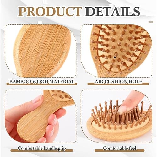 FoldTier 10 Pack Mini Bamboo Hair Brush Bulk Pocket Travel Small Hairbrush Massage Scalp Detangling Brush for Valentine Gifts Bulk Bridesmaid Party Favors (Oval) thumbnail 3