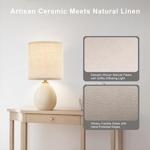 Dawnwake 18.5" Table Lamp Set of 2 for Living Room Bedroom, Bedside Lamps for Night Stands, Desk Nightstand Lamp Dimmable, Modern Linen Cream Ceramic Lamps (Cream) thumbnail 5