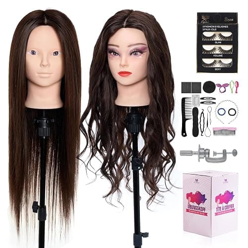 Mannequin Head 80% Human Hair - 28 Inch Make up Cosmetology Manikin Practice Doll Head with Hair,Braiding Hairdressing Head for Hair Styling with Table Clamp + DIY hair Styling Set - Image 1
