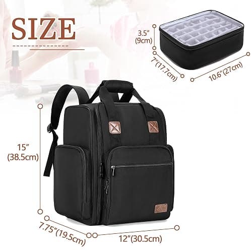BAFASO Nail Polish Organizer Backpack Holds 105 Bottles (15ml - 0.5fl.oz) and a Nail Lamp, Nail Polish Backpack with 3 Removable Pouches and Multiple Tools Storage Pockets (Patented), Black thumbnail 5