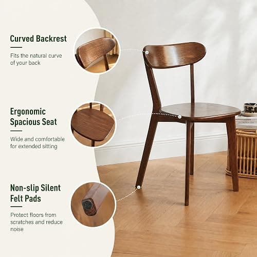 Vadisun Oak Dining Chairs, Kitchen Chairs, 100% Solid Wood Modern Dinner Chair with Curved Backrest, Dining Room Chair for Kitchen, Living Room, Study (2PK, Walnut) thumbnail 4