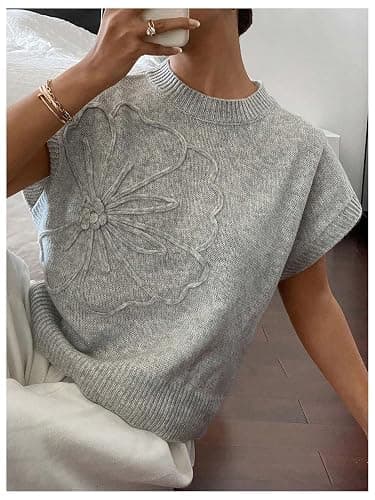 SOLY HUX Women's Short Sleeve Sweater 3D Floral Sweaters Pullover Tank Tops Knit Vest Trendy Fashion Clothing thumbnail 4
