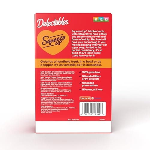 Delectables Squeeze Up Catnip Variety Pack, Creamy Squeezable Puree, Lickable Wet Cat Treats, Grain Free, No Added Fillers, No By-Products, No Added Preservatives, 0.5 Ounces Tube, 20 Tubes Total thumbnail 7