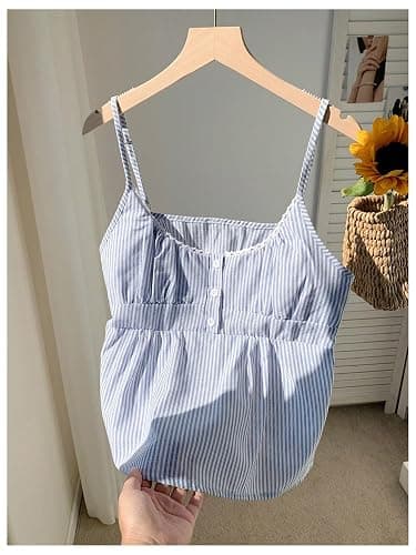 RoseSeek Women's Striped Button Front Flared Camisole Tops Shirred Spaghetti Strap Tank Top thumbnail 2