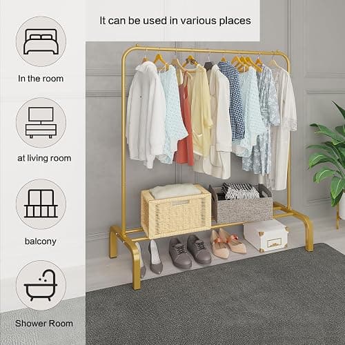 JIUYOTREE Metal 43.3 Inches Garment Rack with Bottom Shelf Clothing Rack for Hanging Clothes Coats Skirts Shirts Sweaters Gold - Gold - no wheel thumbnail 5