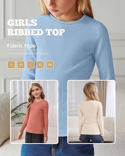 LessonZoo 3 Pack Girls Long Sleeve Shirts Ribbed Knit Cotton Layering Tops Slim Fit Crewneck Casual Undershirts thumbnail 6