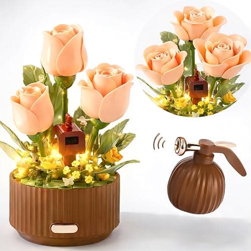 Electric Flower Bouquet Building Set 255PCS – Motorized Blooming Roses Flowers Botanical Kit, DIY Bonsai Style Bouquet of Flowers – Unique STEM Gift for Kids&Adults, Room & Desk Decor (Orange) - Image 1