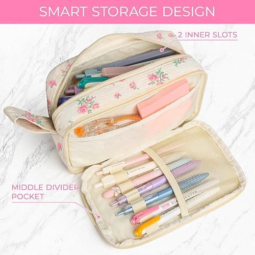 WOBAGMEN Cute Pencil Case for Girls,Large Corduroy Zippered Pencil Case Pouch, aesthetic Pencil Bag with Compartments, Soft Pencil Pouch School Supplies for Teen Girls Boys and Women(pink floral) thumbnail 6