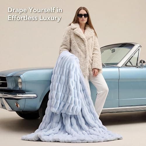 Smoofy Light Blue Fluffy Blanket for Couch - Luxury Faux Rabbit Fur 60"x80" | Ultra Soft & Plush Comfort Ruched Blanket, Cozy Fuzzy Fleece Throw for Sofa, Bed & Office, Gift for Women, Blue Room Decor thumbnail 2