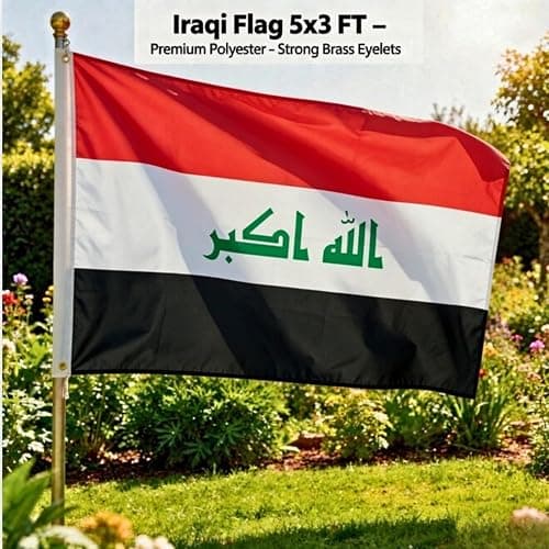 Iraq Flag 5ft x 3ft with Brass Eyelets – Polyester Iraqi Flag Banner for FIFA World Cup Football Matches, Fan Zones, Home & Garden Display thumbnail 2