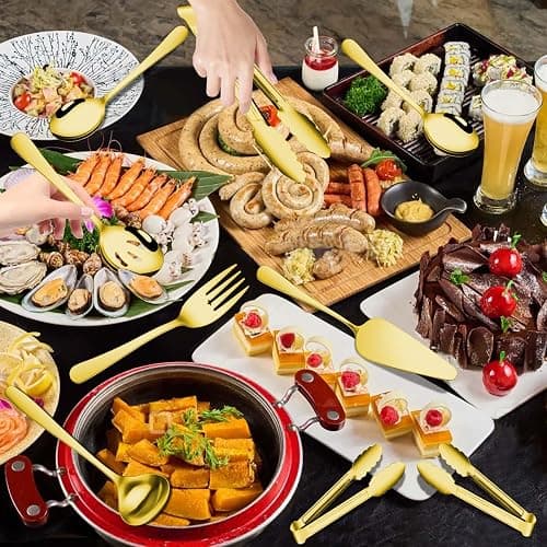 Gisly Gold 12 Pieces Serving Utensils Include Large Serving Spoons,Slotted Serving Spoons,Serving Forks,Serving Tongs,Appetizers Tongs,Soup Ladle and Pie Cake Server for Buffet Catering thumbnail 5