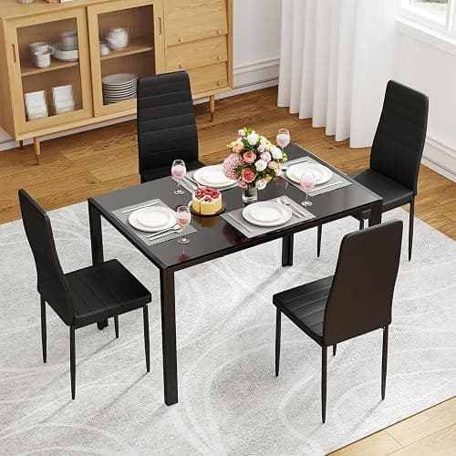 FDW | Dining Table Set for 4 | 5-Piece Glass Black Dining Table | Kitchen Table with 4 Upholstered Chairs and Faux Leather Cushions | Space-Saving and Modern Design | for Dining Room, Easy to Assemble thumbnail 2