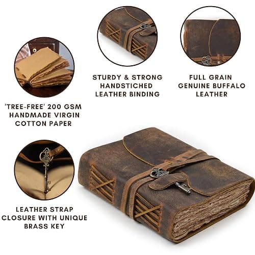 LEATHER VILLAGE Vintage Leather Journal – 200 Handmade Vintage Deckle Edge Paper – Leather bound Journal For Women Men – Vintage Key Closure - Book of Shadows - Cappuccino Brown - 8X6 inches (A5) thumbnail 4