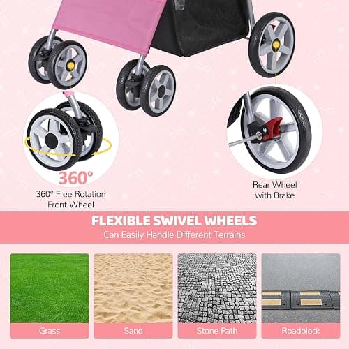 ZENY Foldable Pet Stroller, Cat/Dog Stroller with 4 Wheel, Pet Travel Carrier Strolling Cart with Storage Basket, Cup Holder (Pink) thumbnail 5