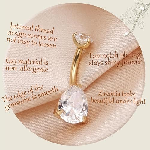 AROWRO Gold Belly Button Ring G23 Titanium Hypoallergenic 14G belly ring for Women Men Teardrop Navel Piercing Jewelry 10mm Barbell With Cubic Zircon thumbnail 2