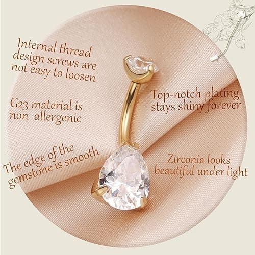 AROWRO Gold Belly Button Ring G23 Titanium Hypoallergenic 14G belly ring for Women Men Teardrop Navel Piercing Jewelry 10mm Barbell With Cubic Zircon - Gold+Teardrop Clear CZ - 14G-10mm(3/8") thumbnail 2