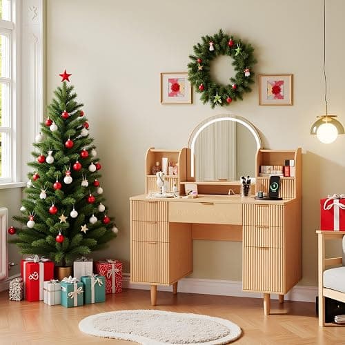 Oxirth Wood Vanity Desk with Mirror and Lights, Fluted Makeup Vanity Table with 7 Drawers and Storage, Oak Vanity, Boho Vanity, Make Up Dressing Table for Bedroom thumbnail 5