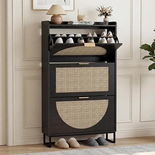 BonVache Rattan Shoe Storage Cabinet Black with Adjustable Shelves, Storage Unit for Hallway, Wooden Shoe Organiser with 3 Flip Drawers, Entryway and Living Room - Image 1