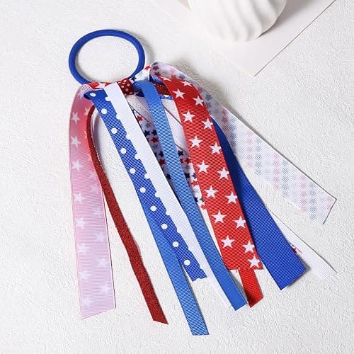 Girls Patriotic Ponytail Hair Ribbon Streamer 4th of July Red White Blue American Flag Pony Holder Elastic Hair Tie Bands Independence Memorial Day outfit Pigtail Decor Accessories thumbnail 2
