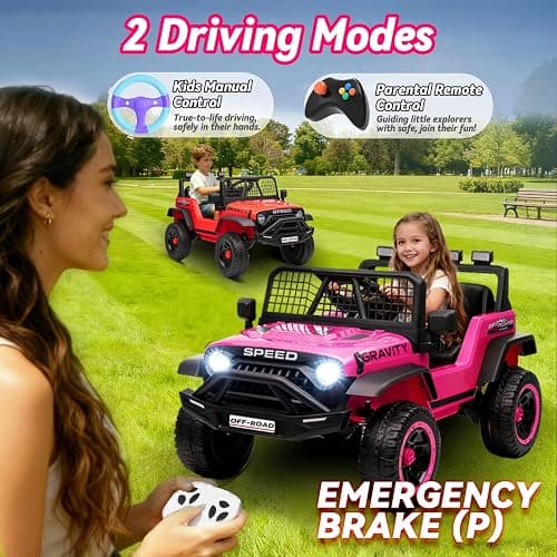 Blissride 24V Jeep Power Wheels w/Remote Control, 4WD Ride on Truck Car, 3 Speed, Bluetooth Music, Wide Seat, Spring Suspension, LED Light, Birthday for Boys Girls Toddler (Black+Pink) thumbnail 3