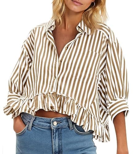 Cicy Bell Womens Cropped Striped Button Down Shirts Ruffle 3/4 Length Sleeve Summer Tops Dressy Casual Blouses - Image 1