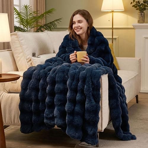 JONIYEAR Soft Fuzzy Bubble Faux Rabbit Fur Throw Blanket for Couch 50" x 60", Reversible Textured Fluffy Warm Thick Blanket for Winter,Luxury Cozy Puffy Shaggy Comfy Furry Blankets for Sofa, Navy Blue thumbnail 6