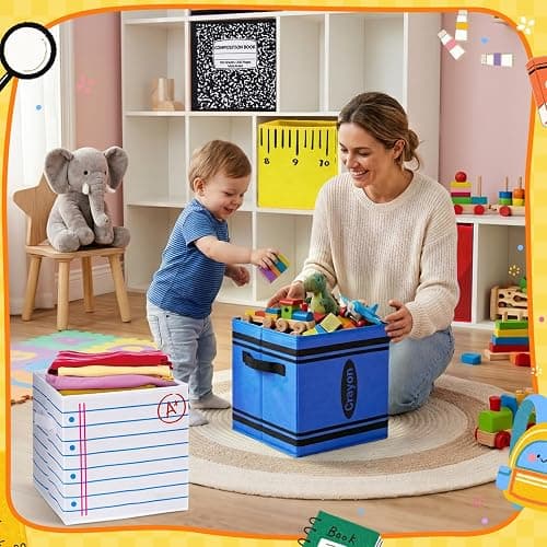 Lettry 6 Pcs 11in Notebook Pencil & Crayon Pattern Fabric Storage Bins, Colorful Collapsible Cubby Baskets with Handles for Classroom Organization, Home, Nursery, and Elementary School Supplies thumbnail 2