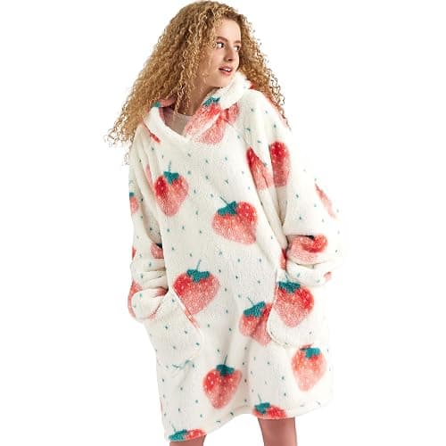 Bedsure Wearable Blanket Hoodie Gifts for Women - Strawberry Printed Shaggy Sherpa Cozy Hoodie Blanket for Adult, Warm Hooded Blanket Sweatshirt - Image 1