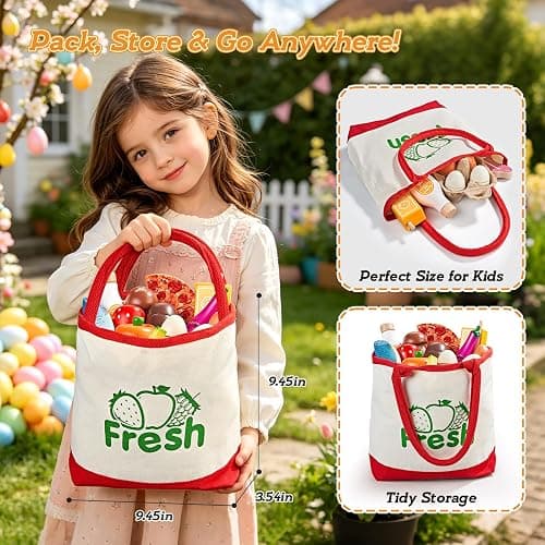 LAUGIGLE Wooden Play Food Sets for Kids Kitchen, Montessori Toy Food with Pizza Toy, Easter Eggs, Pretend Food Play Kitchen Accessories, Cutting Fake Food with Canvas Tote Bag, Birthday Christmas Gift thumbnail 6