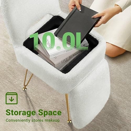GREENSTELL Small Vanity Stool Chair with Storage and Folding Back, 13.4" x 15" x 30" Square Faux Fur Soft Ottoman, 4 Metal Legs with Anti-Slip Feet, Furry Padded Seat for Makeup, Bedroom, White thumbnail 4