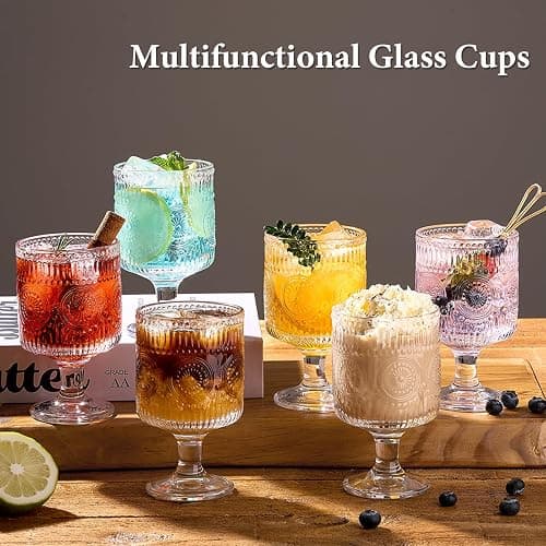 6 Packs Vintage Goblet Glasses, 8 oz Wine Glasses, Embossed Floral Glass Cups Set, Clear Drink Glasses, Drinking Goblets, Bar Tumbler Glassware for Iced Tea, Wine, Beer, Juice, Cocktail, Whiskey thumbnail 2