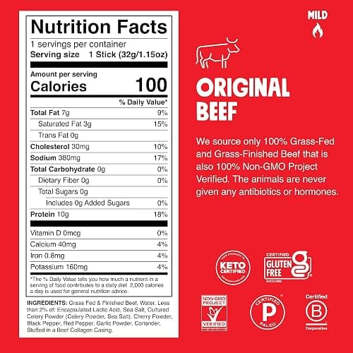 Chomps Original Beef, STICKER PACK, Grass-Fed & Finished, 10ct | Grass-Fed And Finished Beef Sticks With Zero Sugar, Keto And Paleo Friendly, Whole30, Low-Carb Snack, 10G Protein thumbnail 2