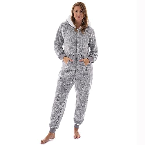 The Big Softy - Adult Onesie Pajamas for Women, Teddy Fleece Womens Onesie Pajamas, Fuzzy Pajama Onesies for Women, Teens PJs - Large - Grey