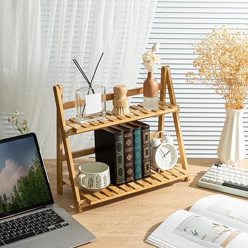 Yalikop Matcha Station Shelf,15.7'' Coffee Station Organizer, 2 Tiers Bamboo Mug Holder Countertop,Desktop Flower Pot Rack for Home Living Room Window Sill Foldable Display Storage Shelf(Wood) thumbnail 2
