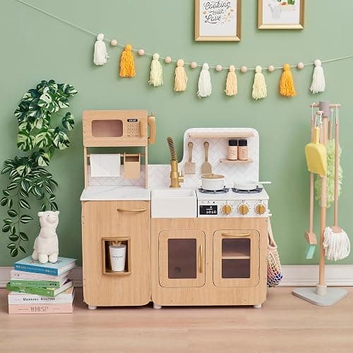 Teamson Kids Little Chef Cyprus Play Kitchen Set for Toddlers with 14 Accessories, Wooden Toy Cooking Playset for Kids Ages 1-8, Montessori Cooking Station, Light Oak/White Pretend Kitchen thumbnail 2