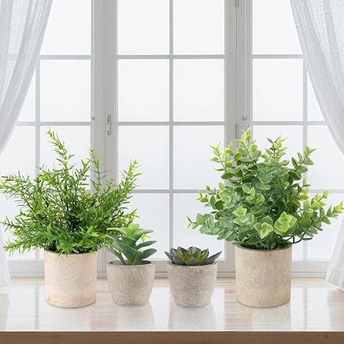 ALAGIRLS 4 Pack Small Fake Plants, 10" Artificial Plants Indoor Eucalyptus/Rosemary/Succulents, Small Faux Plants in Pulp Pot for Bathroom Bedroom Kitchen Office Living Room Decor thumbnail 6