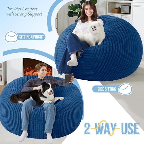 Homguava 6 FT Bean Bag Chair,6' Big Bean Bag,Giant Bean Bag Chairs for Adults with Memory Foam Filled,Comfy Large Beanbag Chairs Soft Bean Bag Sofa with Dutch Corded Plush Cover-Blue thumbnail 5
