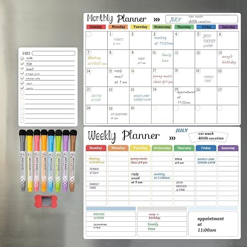Hivillexun 3-Pack Magnetic Dry Erase Calendar Whiteboard Set for Fridge, Wall & Refrigerator Organisation – Monthly, Weekly & Daily Planners – Includes 8 Markers & Eraser - Image 1
