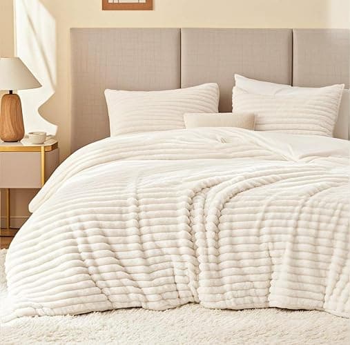 EXQ Home Fluffy Comforter Set Twin Size - Super Soft Faux Fur Stripe Jacquard Comforter 2 Pieces, Cream White Fleece Bedding Set,Winter Warm Bed Set,1 Comforter with 1 Pillowcase - Image 1