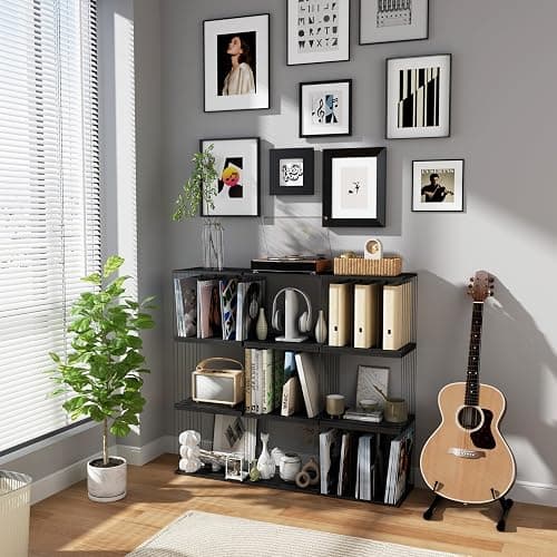 Emfogo Vinyl Record Storage, Metal & Wooden Vinyl Record Holder Up to 80 Album, 3-Compartment Record Player Stand for Magazine, Book, Files, Albums (Black) thumbnail 2