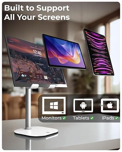 COOPER TabHolder, 7-10" Height Adjustable Tablet Stand, Premium iPad Stand for Desk, 270° Tilt iPad Holder, Kindle Holder, 15.6-17" Portable Monitor Support (White) thumbnail 5