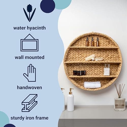 happimess WRK1000A Annulus 24.5" 3-Shelf Circular Handwoven Hyacinth Wall Rack for Entryway, Bedroom, Living Room, Guest Room, Natural thumbnail 4