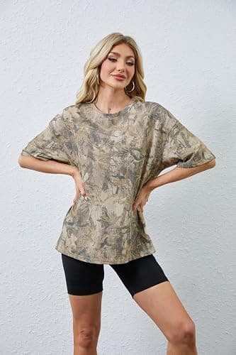 MSBESYOR Camo Shirt for Women Maple Leaf Print Short Sleeve Crewneck T-Shirts Summer Oversized Tee Shirts Streetwear thumbnail 2