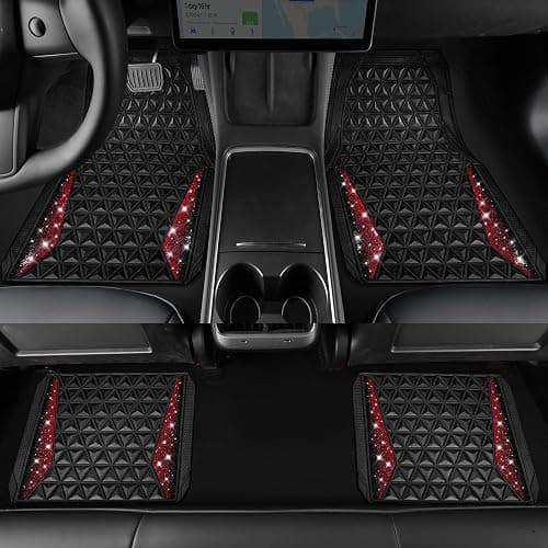 CAR PASS Bling Diamond Car Mats Rubber Floor Mats Full Set Anti-Slip 3D Rhombus Waterproof Trim to Fit Liner Universal Glitter Crystal Sparkly Shining Rhinestone Girl Women SUV Sedan Van, Black Red thumbnail 5
