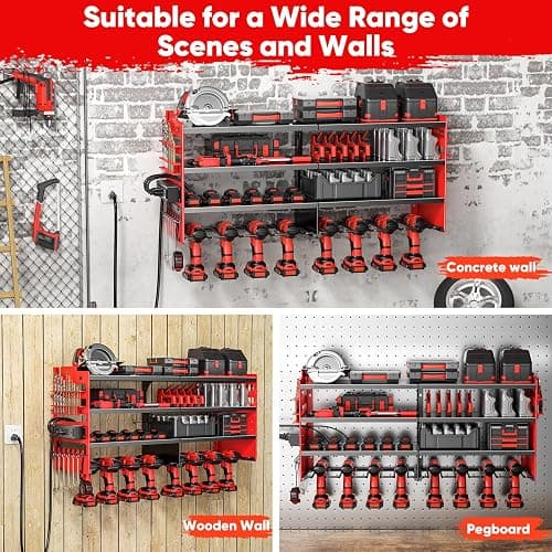POKIPO Large Power Tool Organizer Wall Mount with Charging Station,4 Layer Heavy Duty Metal Tool Storage Shelf Loads 600lbs,Battery Utility Rack With 4 Outlet Power Strip with 8 Cordless Drill Holder thumbnail 6